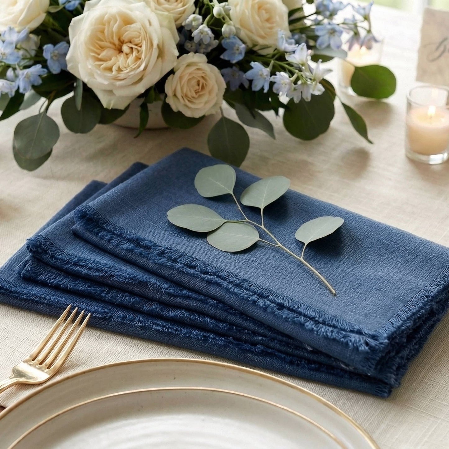 Fringed Raw Edge Pure French Linen Napkins Set of 4 -Navy