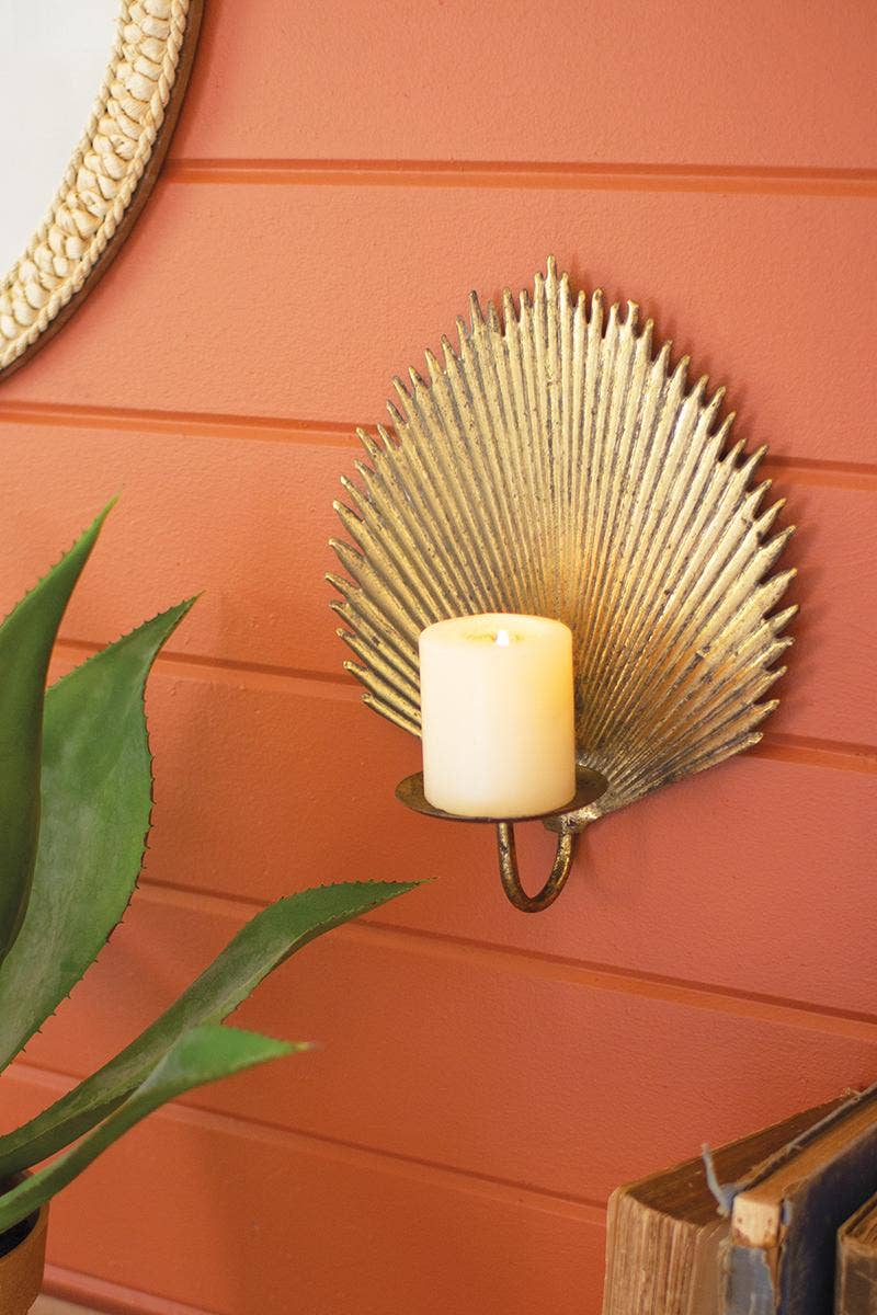 ANTIQUE BRASS PALM LEAF CANDLE SCONCE: Gold / Metal