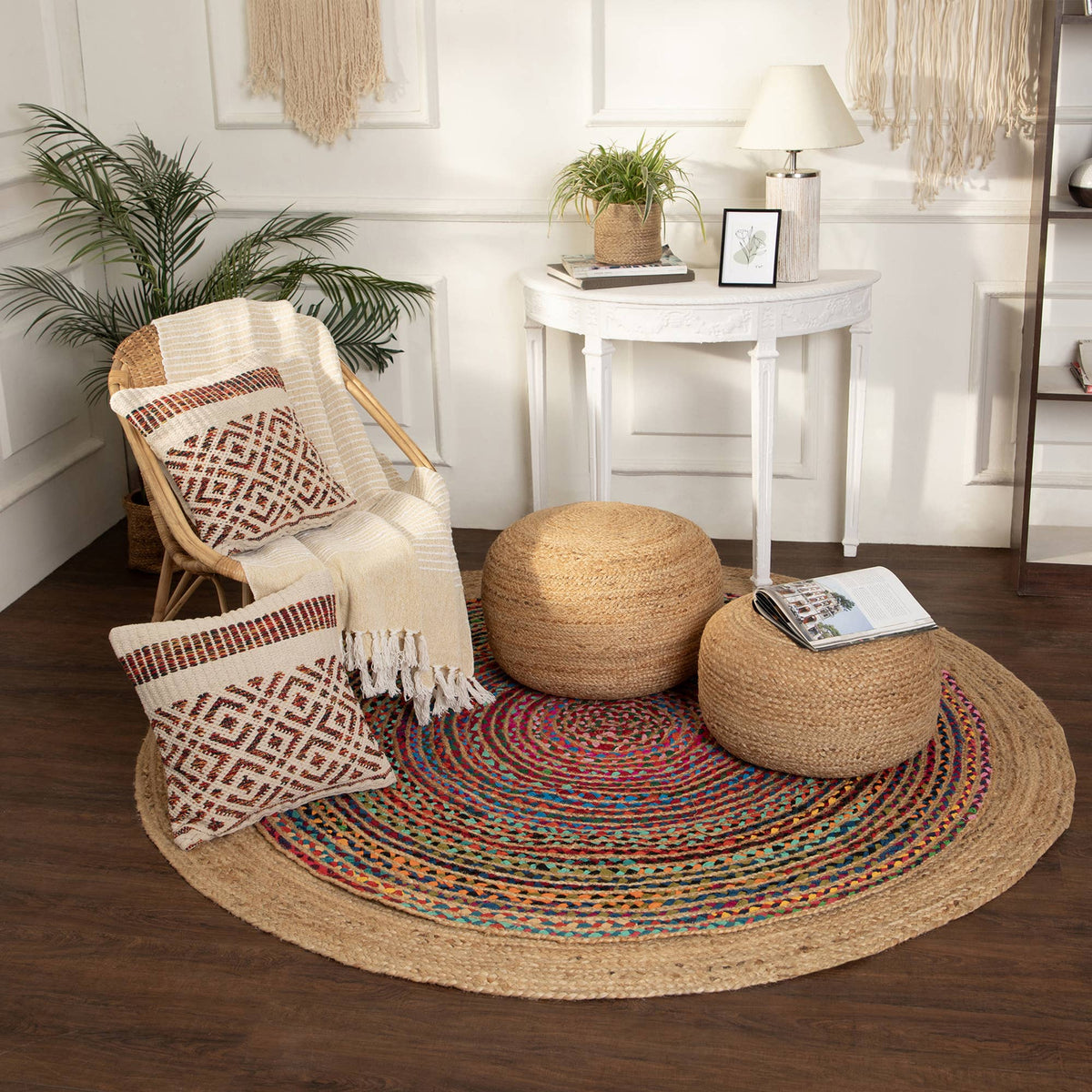 Round 100% Jute Pouf-Natural/Circular 18"x18"x10"