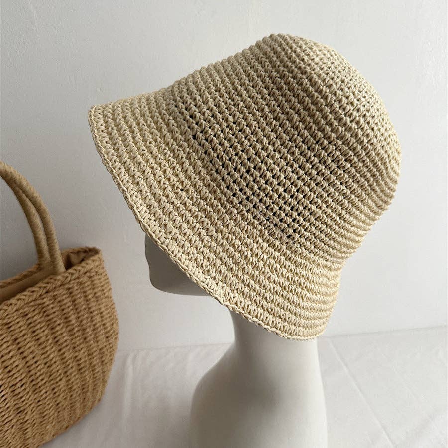 Minimalist Foldable Raffia Straw Bucket Hat 8BK6HAT01: Black