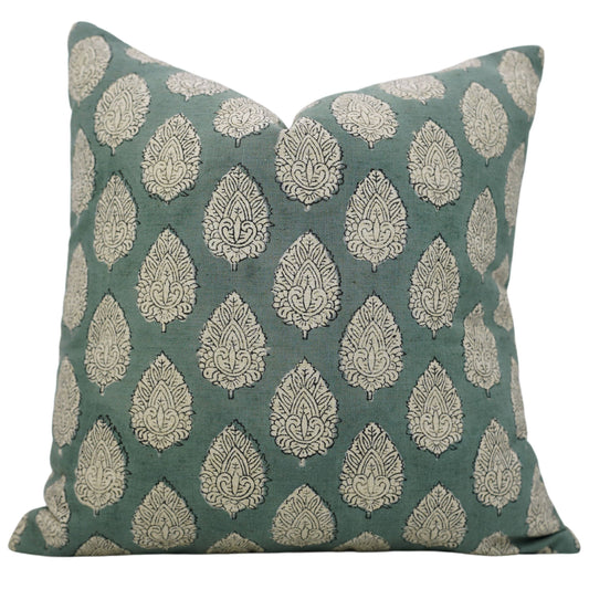 Indian Block Print Linen Blend Pillow Cover - Betal Leaf