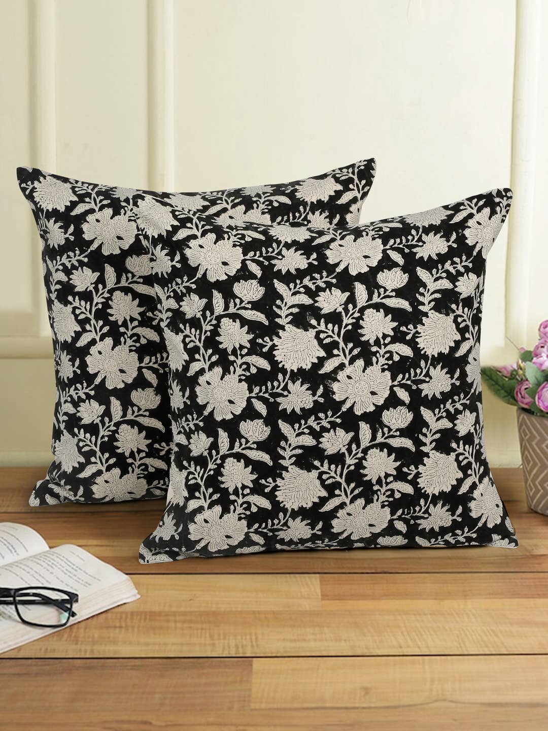 Floral Block Print Linen 20x20 Pillow Cover Handmade Decor: Without Pillow Insert