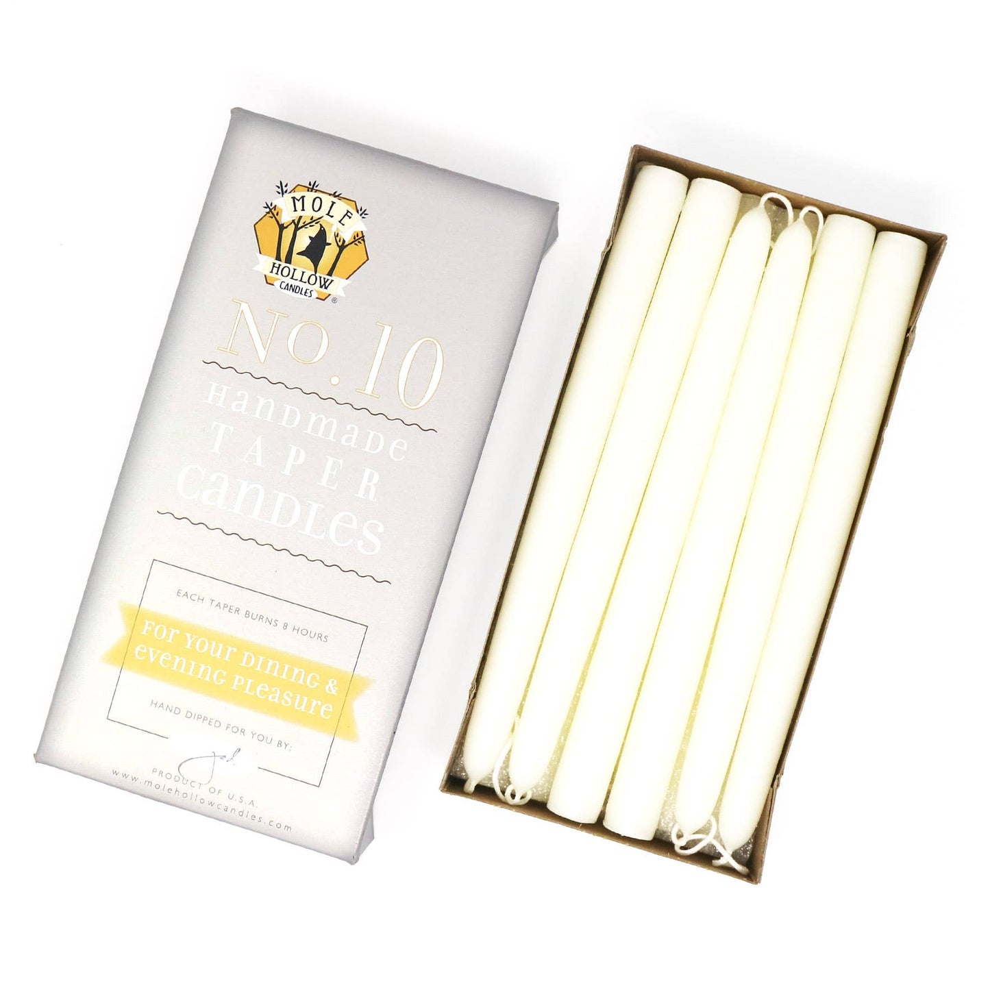 10" Hand Dipped Unscented Taper Candles - 39 Colors USA Made: Off White