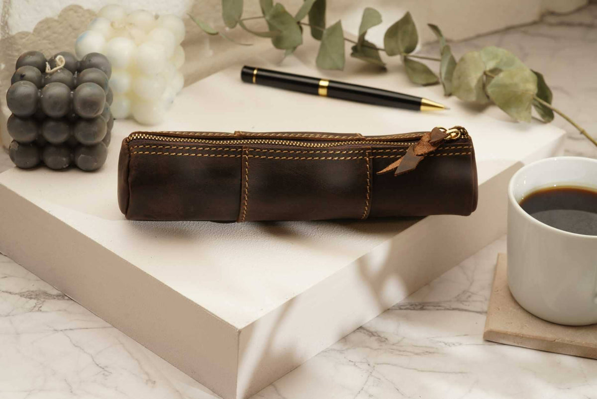 Leather Pencil Case, Make-up Brush Holder, Pen Holder: Brown
