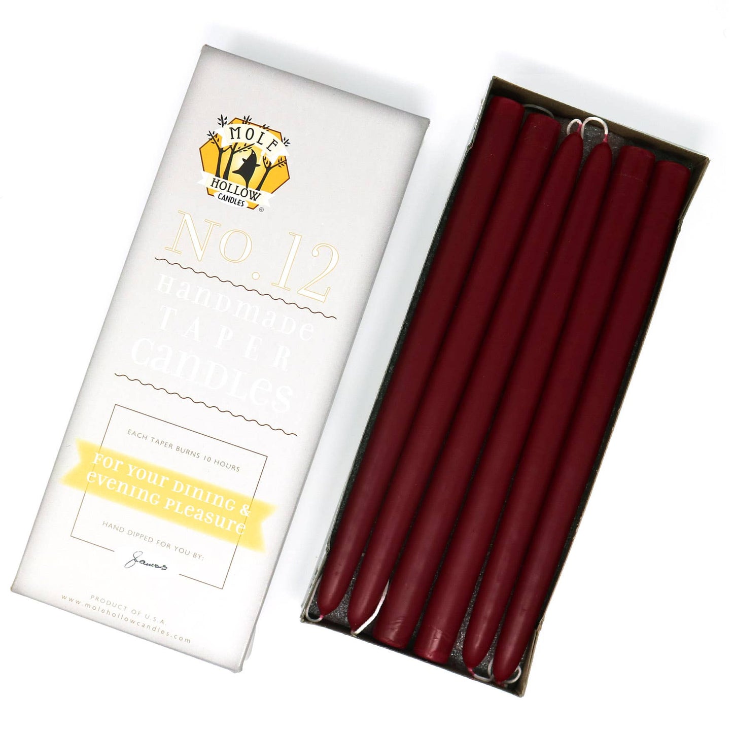 12" Hand Dipped Unscented Taper Candles - 39 Colors USA Made: Off White