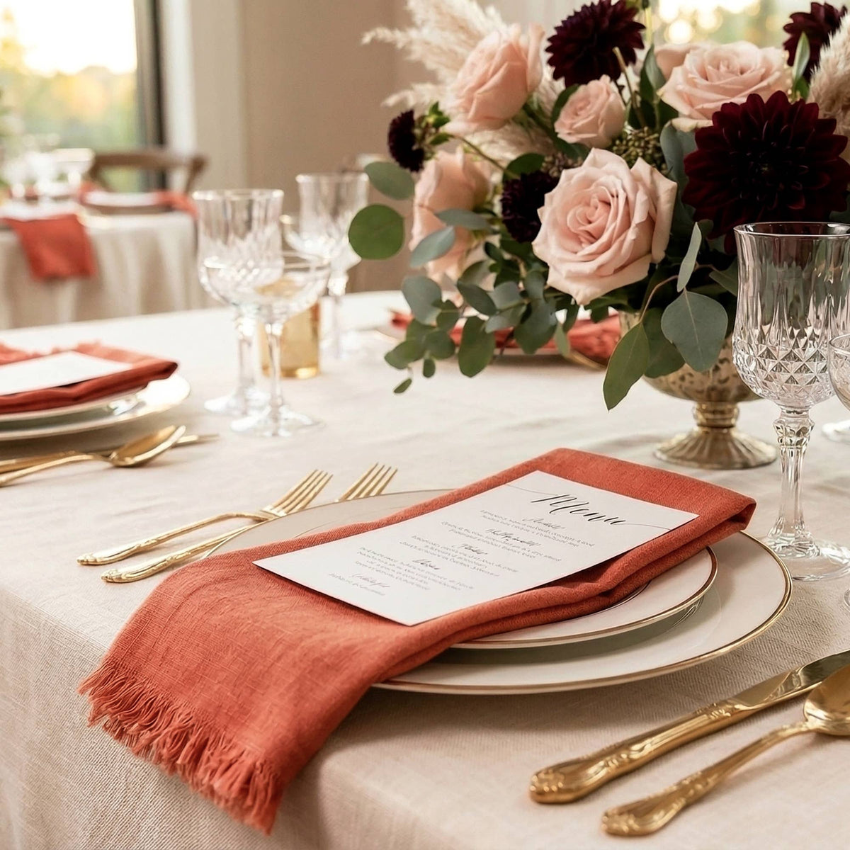 Fringed Raw Edge Pure French Linen Napkins Set of 4 - orange