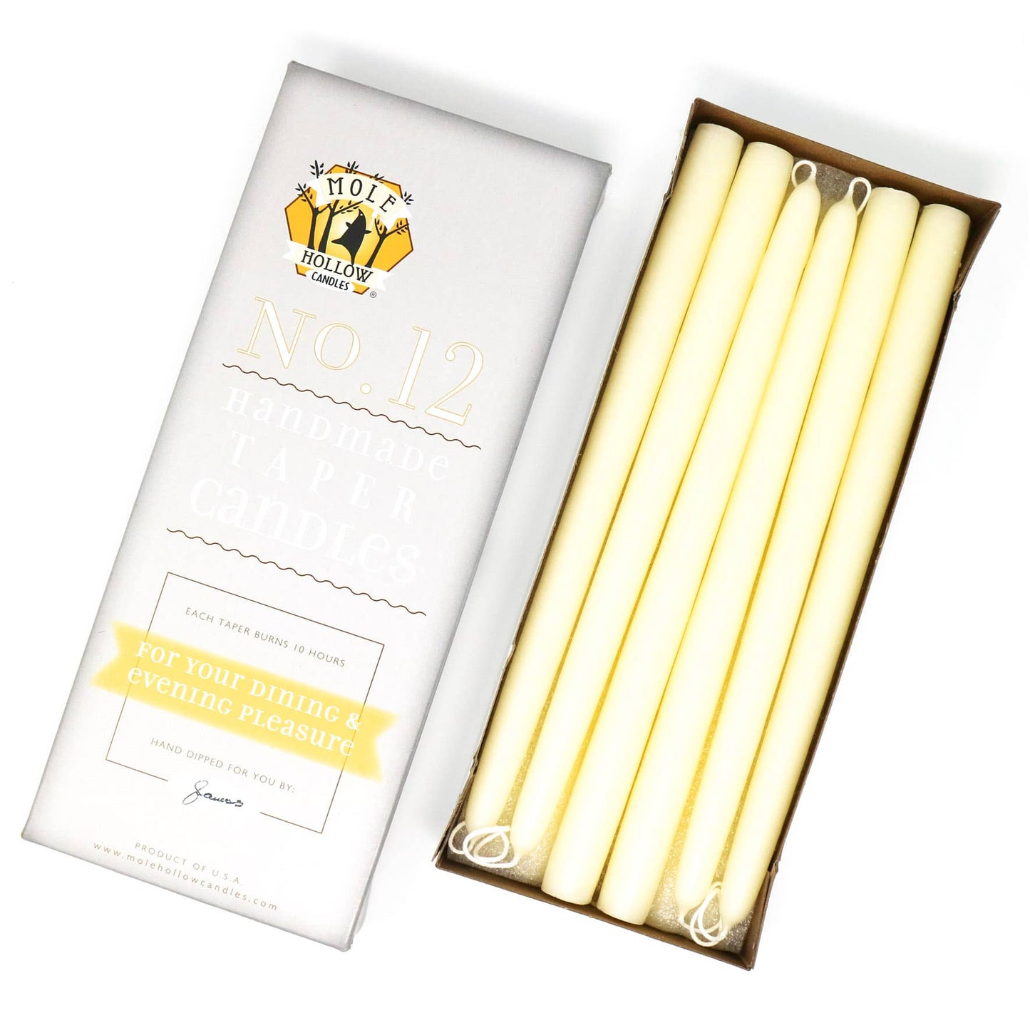 12" Hand Dipped Unscented Taper Candles - 39 Colors USA Made: Off White