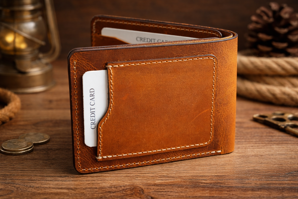 Men’s Full-Grain Crazy Leather Bifold Wallet Premium Leather: Light Brown