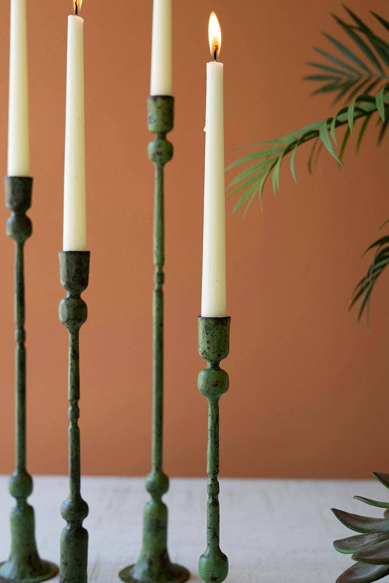 IRON TAPER CANDLE HOLDERS - GREEN PATINA: Green / Forged Iron