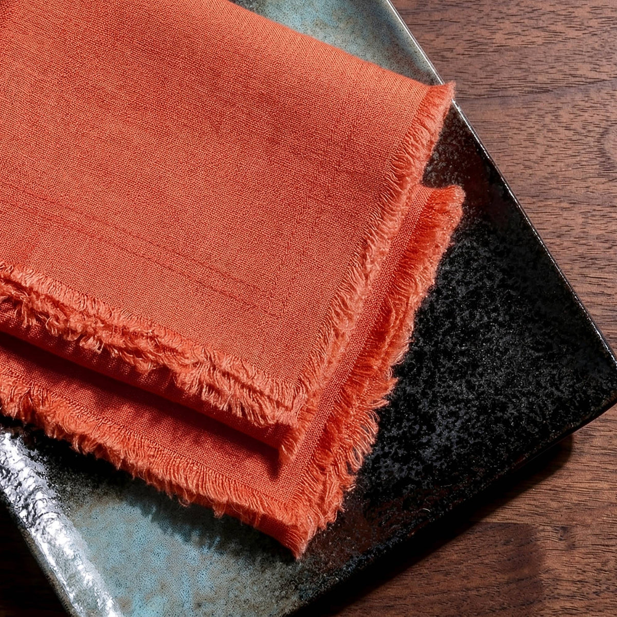 Fringed Raw Edge Pure French Linen Napkins Set of 4 - orange