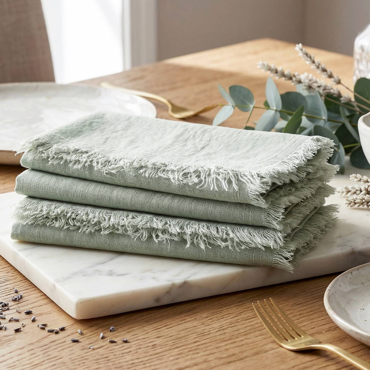 Fringed Raw Edge Pure French Linen Napkins Set of 4 -Sage
