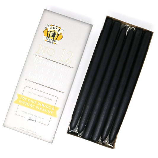 12" Hand Dipped Unscented Taper Candles: Solid Black