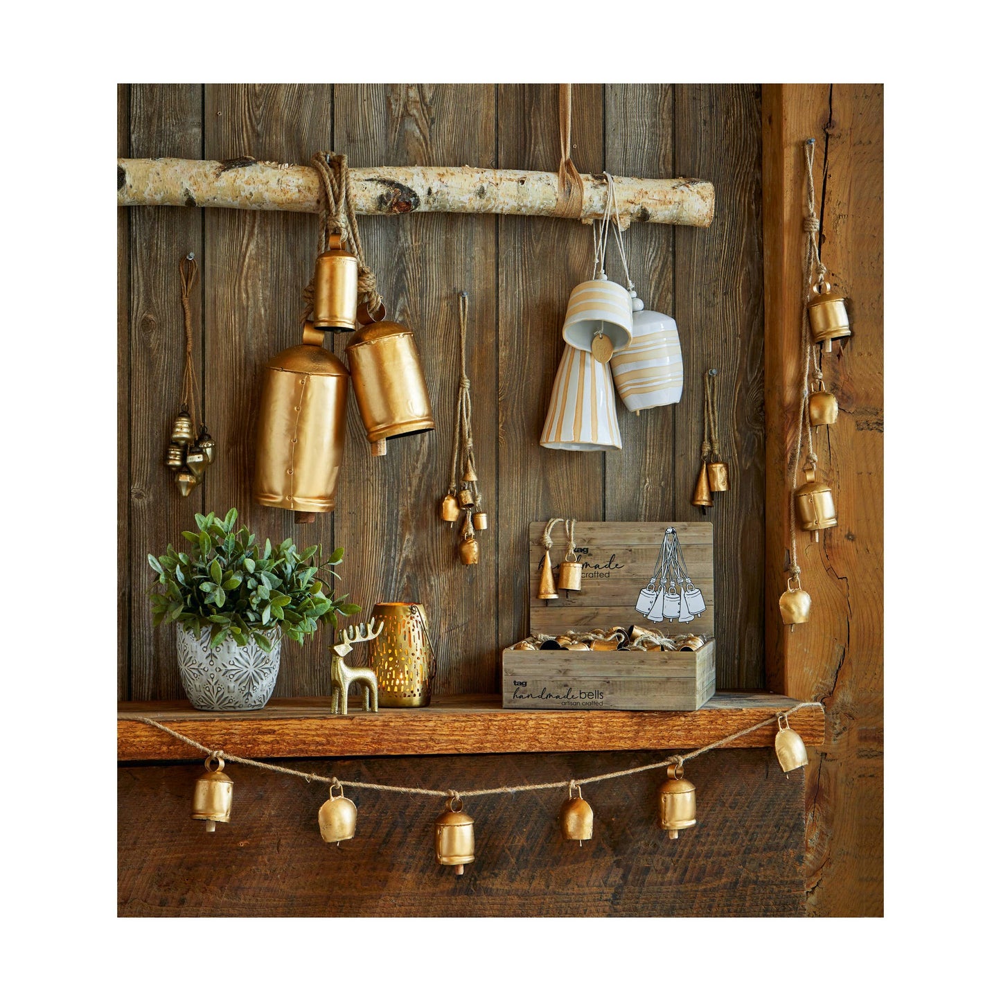 Antique Bells & Jute Rope Swag Gold Wrought Iron Christmas