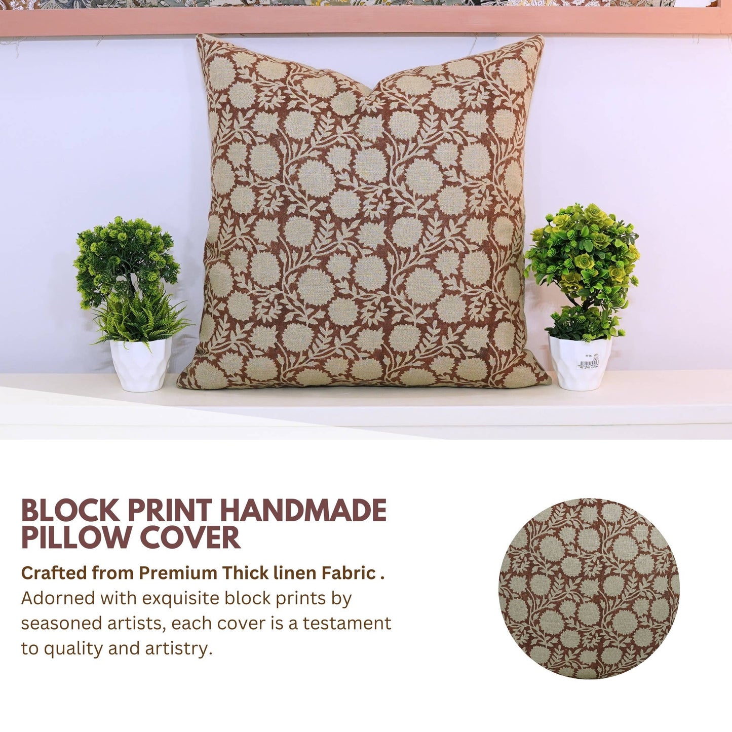 Block Print Boho Thick Linen Pillow Cover- Rajat: Thick Linen / One Side Print / 14x14 Inch