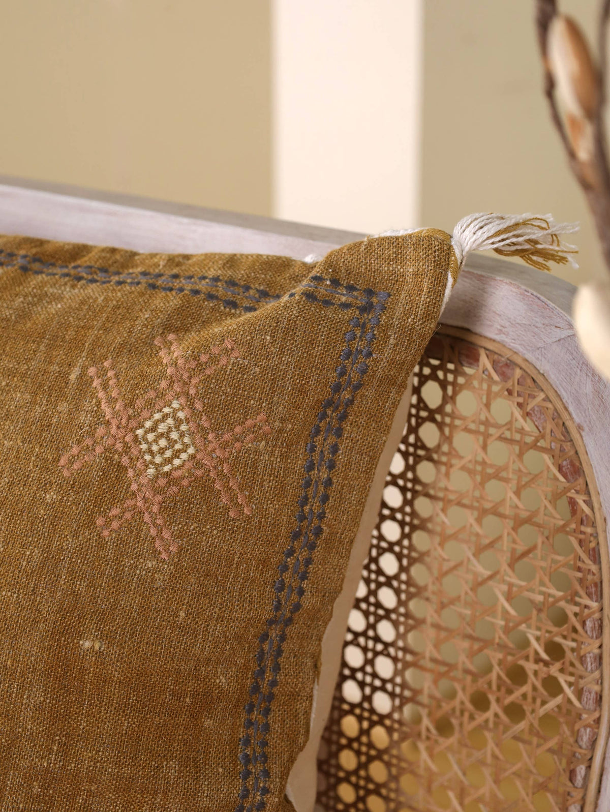 20x20 Square Boho Embroidered Linen Pillow