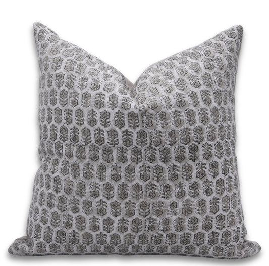 Block print linen boho décor cushion cover - TULSI BUTI: Thick Linen / One Side Print / 22x22 Inch