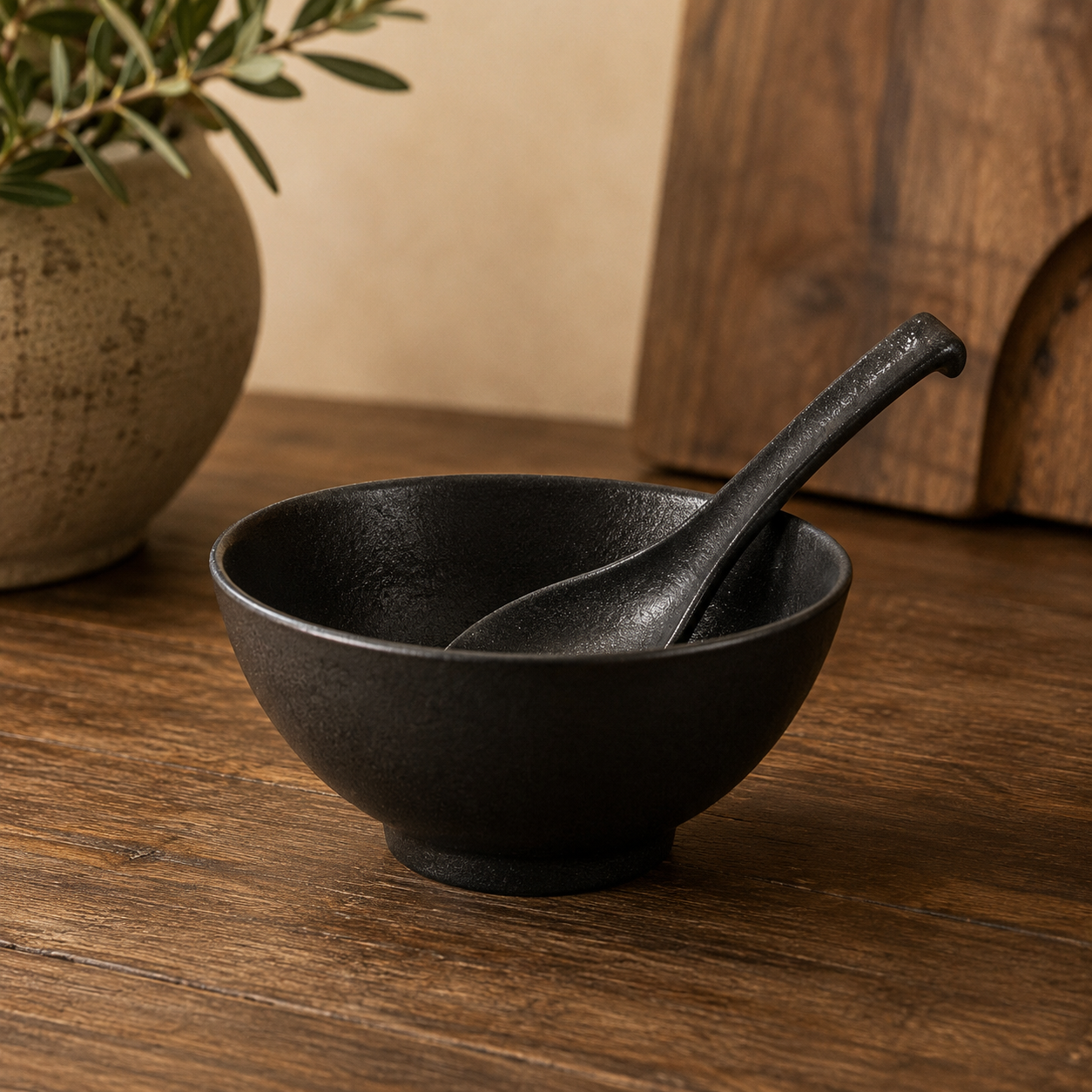 Matte Black Porcelain Rice Bowl & Soup Spoon Set