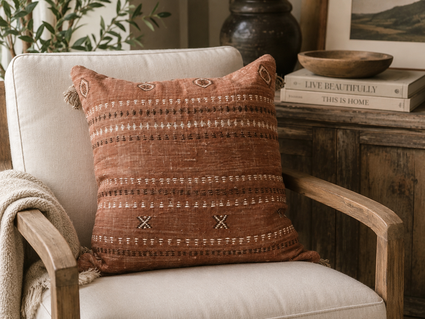 Rustic Hand-Embroidered Linen Pillow