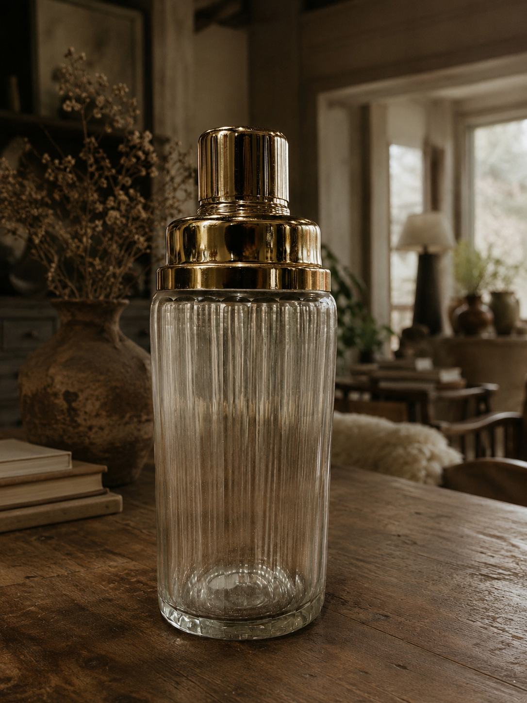 Ribbed Glass & Gold Cocktail Shaker