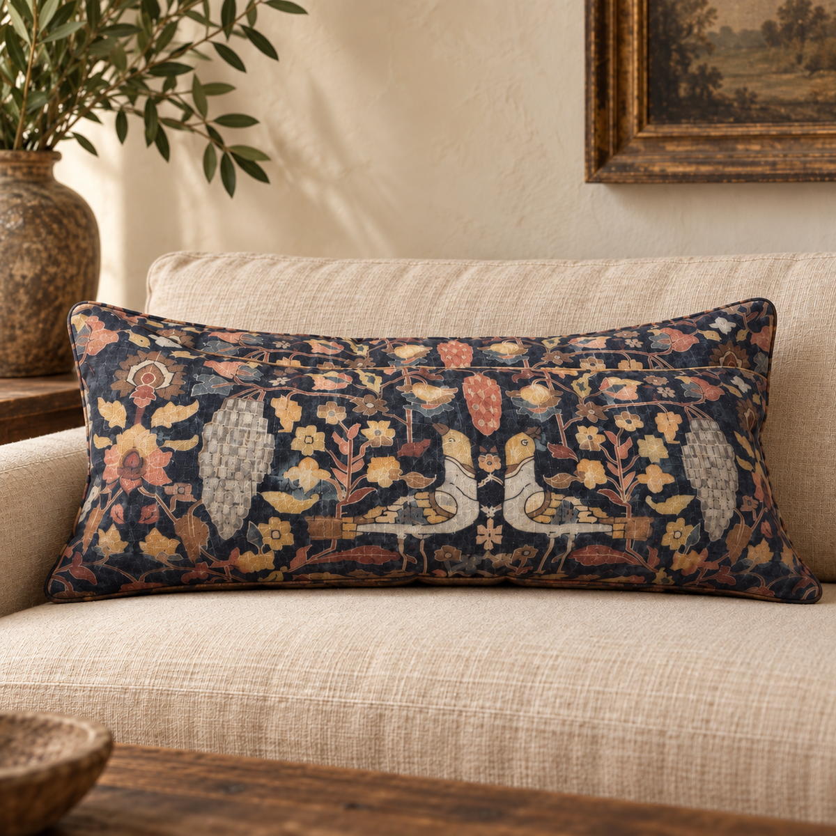 Floral & Bird Down Filled Lumbar Pillow