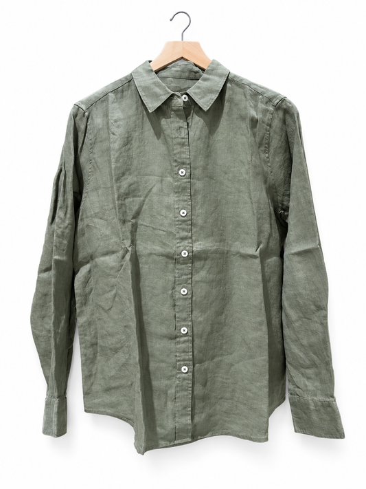 100% European Linen Long Sleeve Shirt- Bayberry Olive