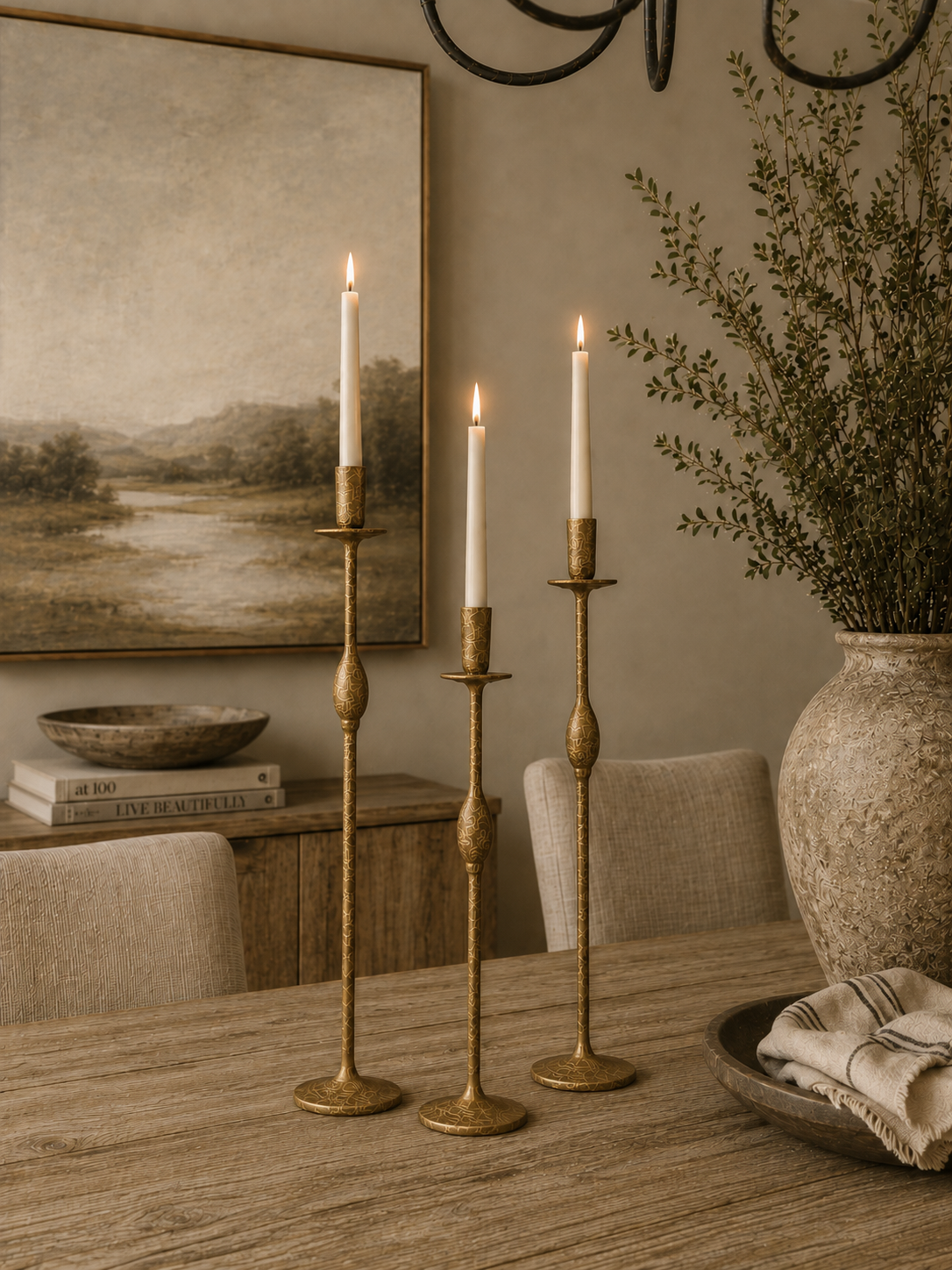 FORGED IRON TAPER CANDLE HOLDERS: Set 3/ Brass