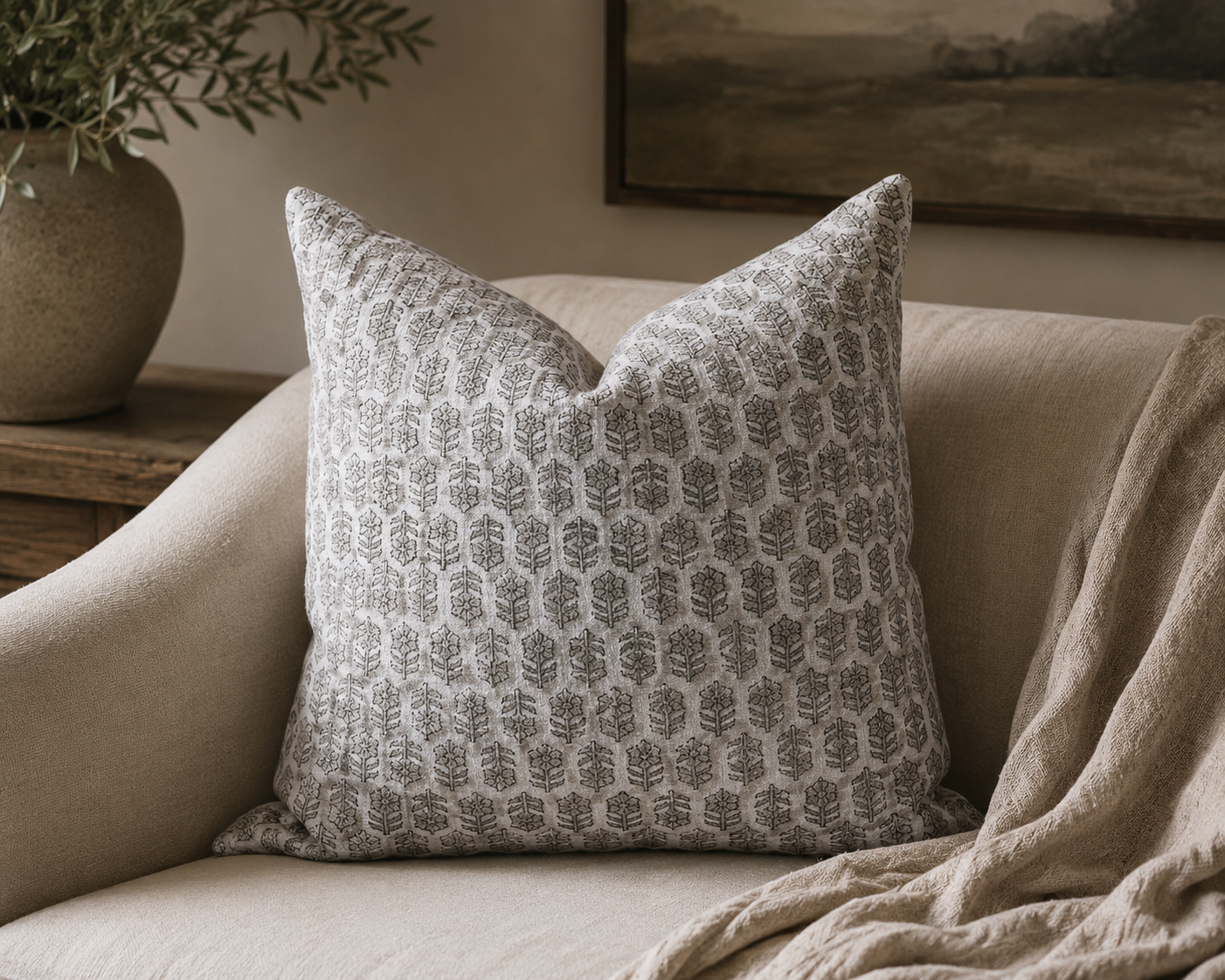 Block Print Tulsi Buti Linen Throw Pillow