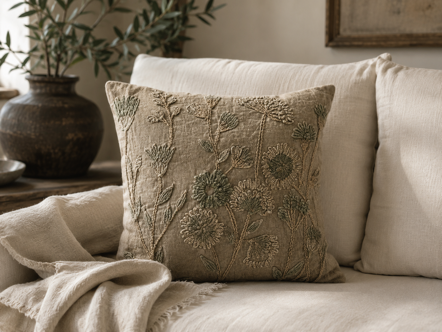 Throw Pillow With Stone Washed Floral Design: Taupe / Cover Only / 20"