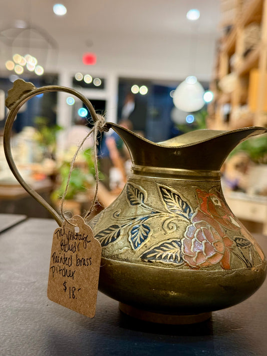 Vintage Etched Painted Brass Pitcher
