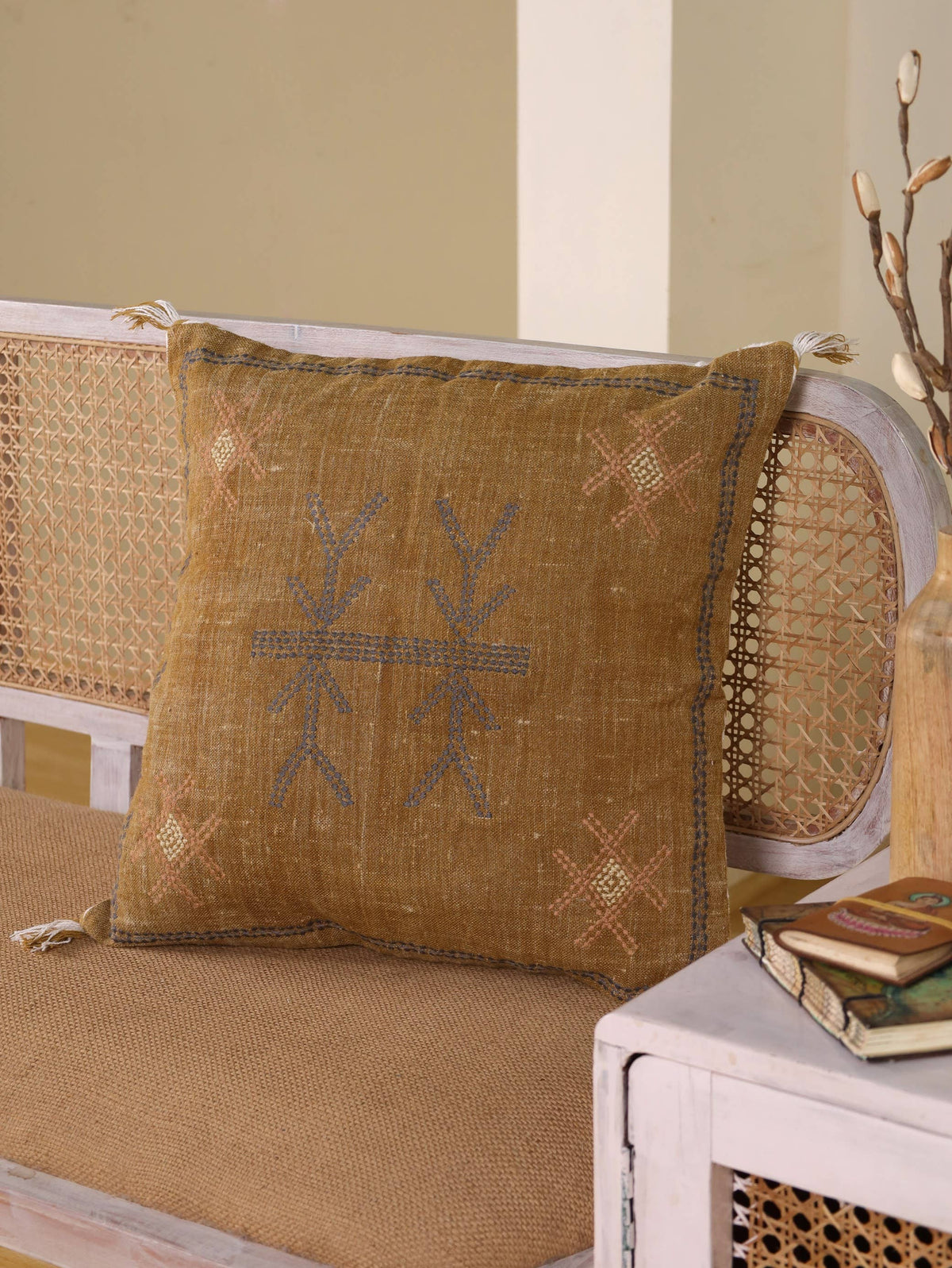 20x20 Square Boho Embroidered Linen Pillow