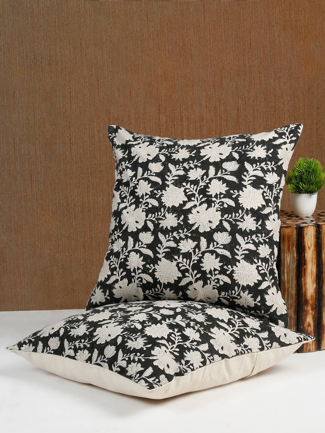 Floral Block Print Linen 20x20 Pillow Cover Handmade Decor: Without Pillow Insert