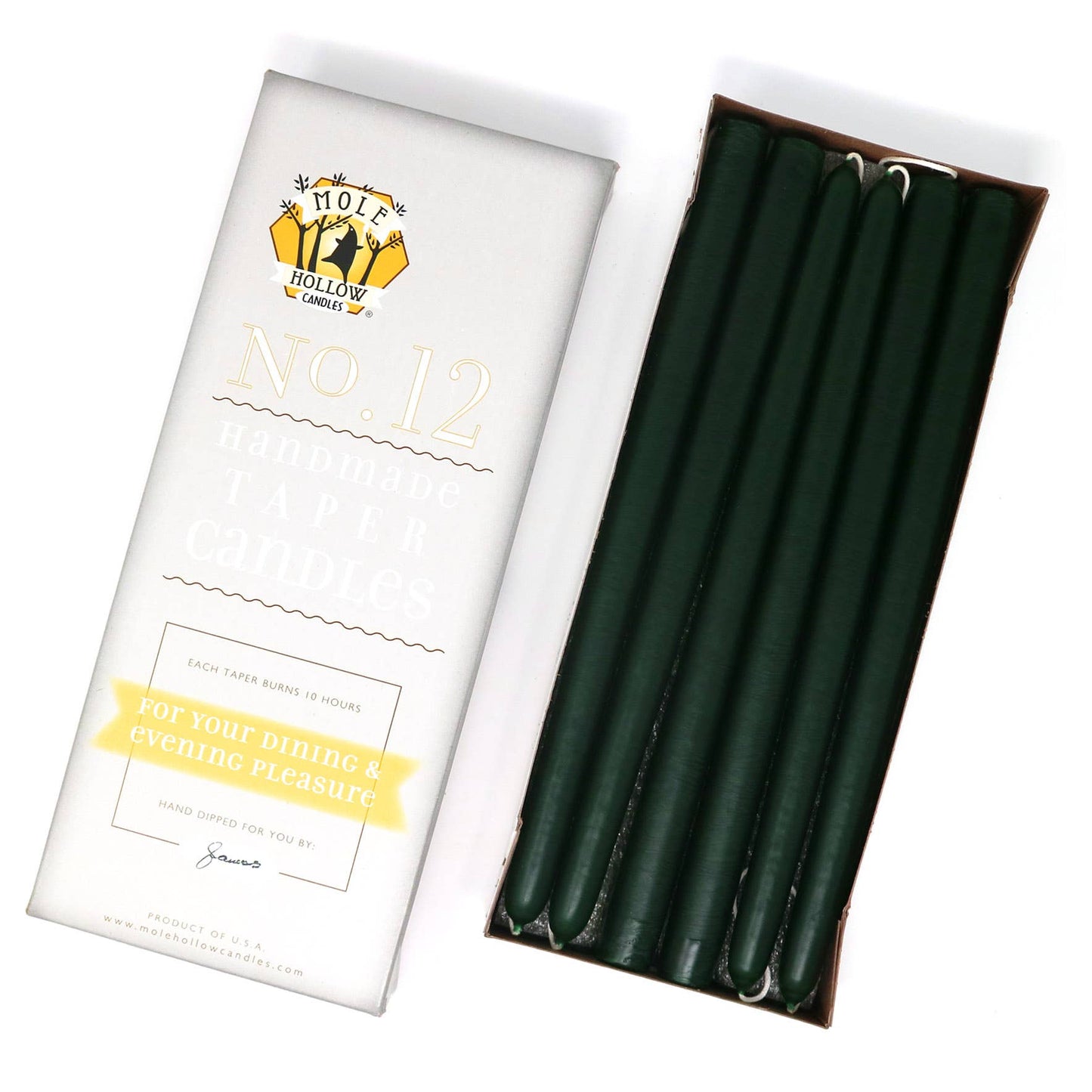12" Hand Dipped Unscented Taper Candles - 39 Colors USA Made: Hunter Green