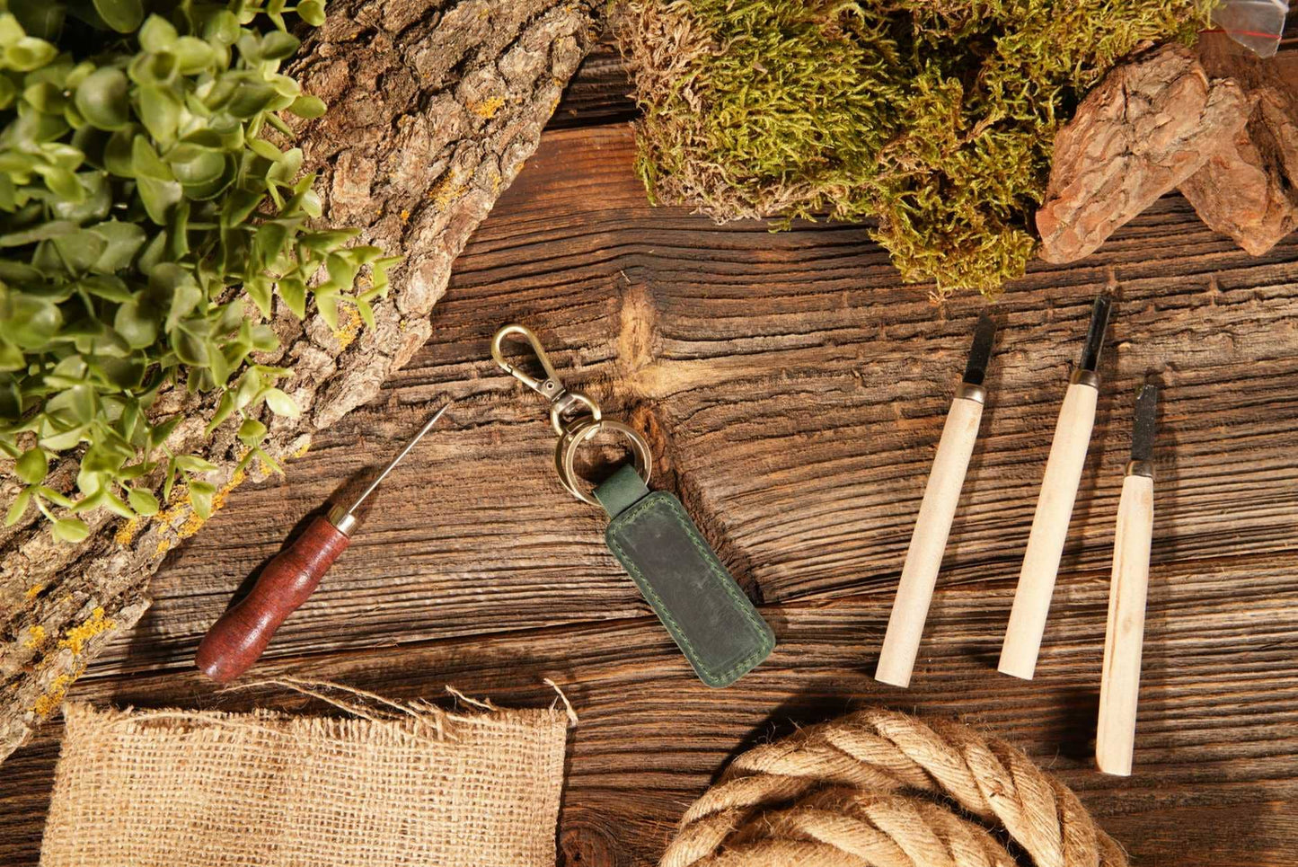 Leather Keychain, Geniune Leather Keychain: Green