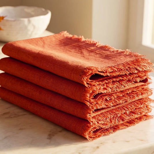 Fringed Raw Edge Pure French Linen Napkins Set of 4 - orange