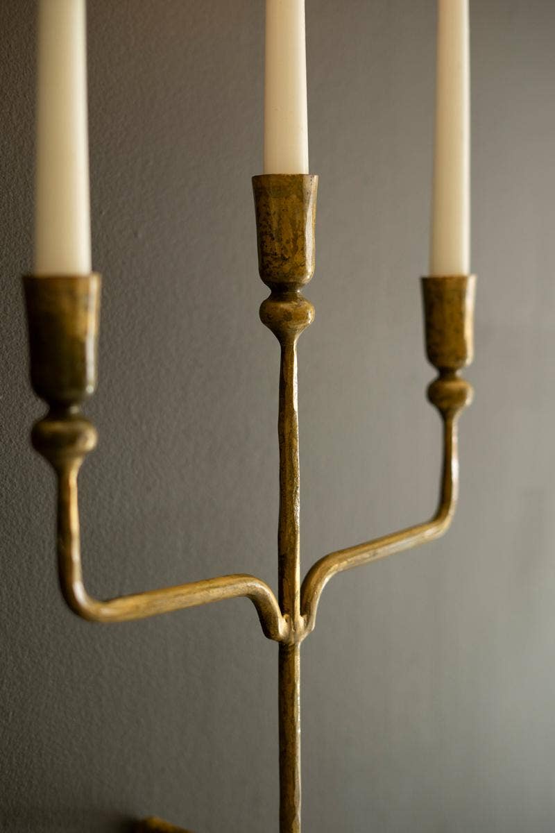 TRIPLE TAPER FORGED-IRON WALL SCONCE - ANTIQUE BRASS: Gold / Metal / 11.25" x 4.5" x 20"t