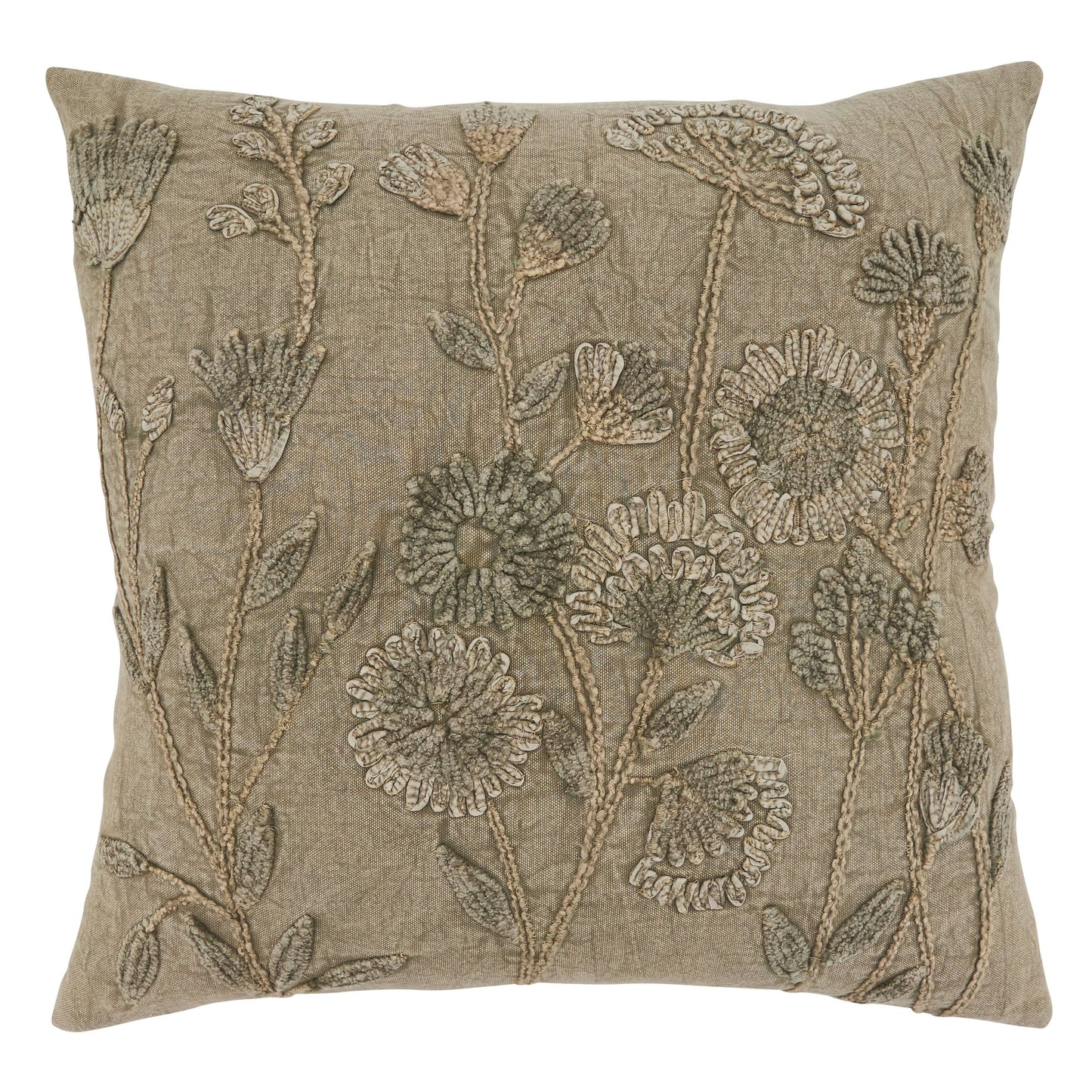 Throw Pillow With Stone Washed Floral Design: Taupe / Cover Only / 20"