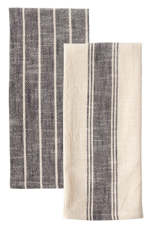 Firenze Set Of 2 Natural Slubbed Kitchen Towels, 18" x 28": Black