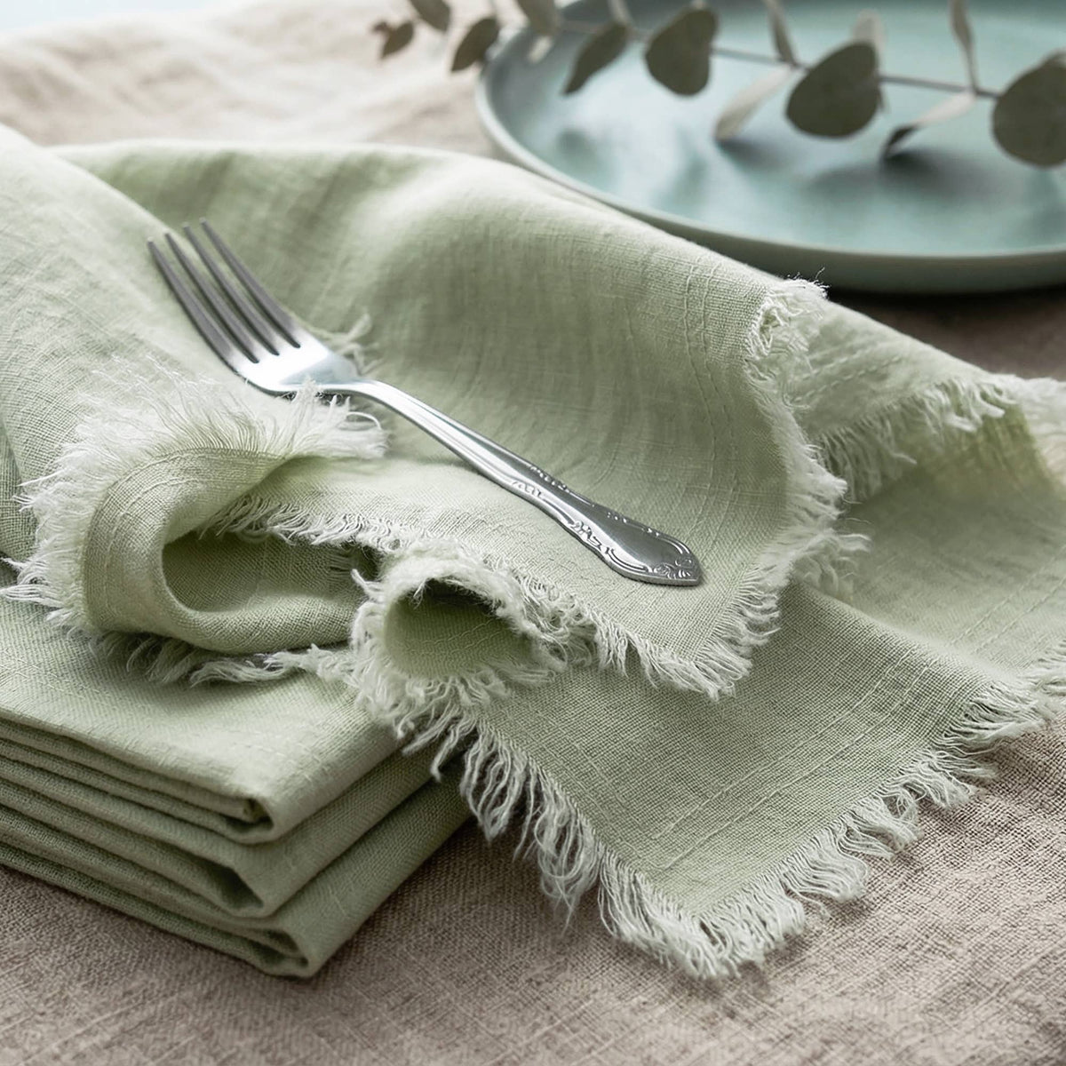 Fringed Raw Edge Pure French Linen Napkins Set of 4 -Sage