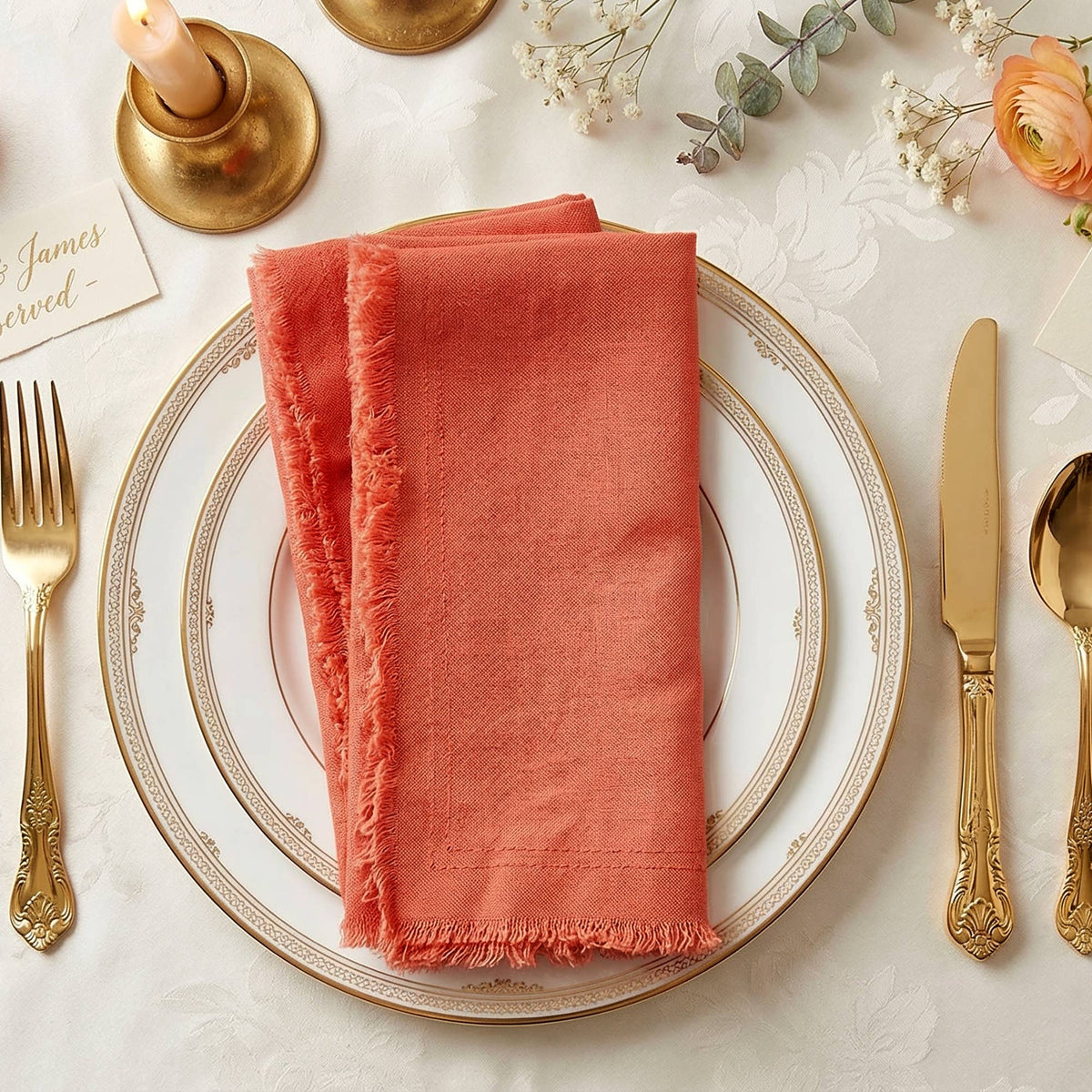 Fringed Raw Edge Pure French Linen Napkins Set of 4 - orange