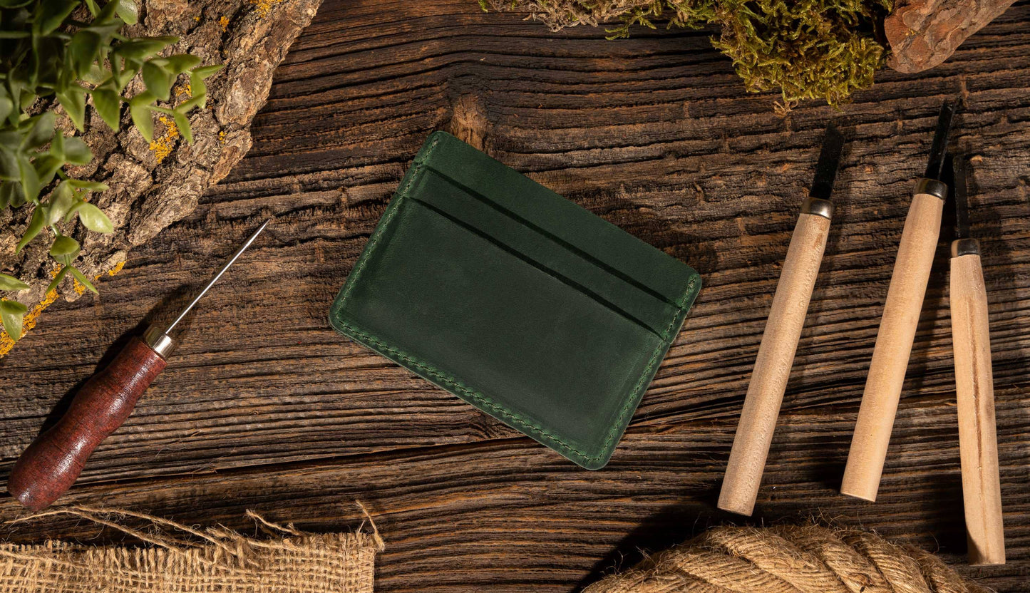 Leather Card Holder Wallet, Handmade Wallet for Men: Green