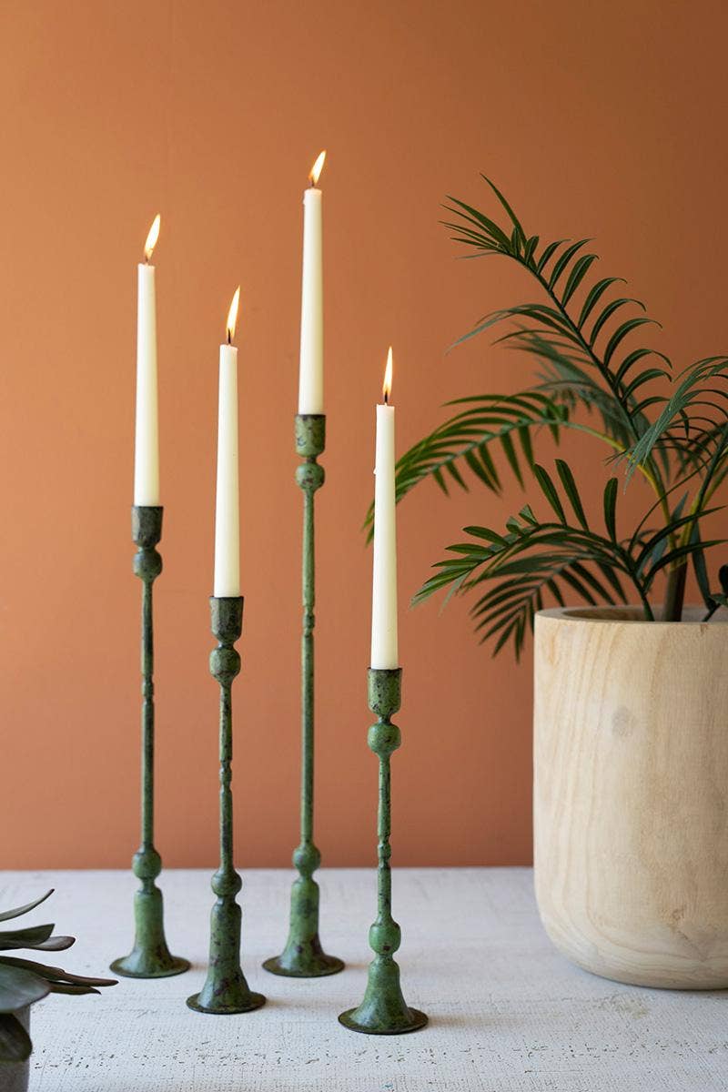 IRON TAPER CANDLE HOLDERS - GREEN PATINA: Green / Forged Iron