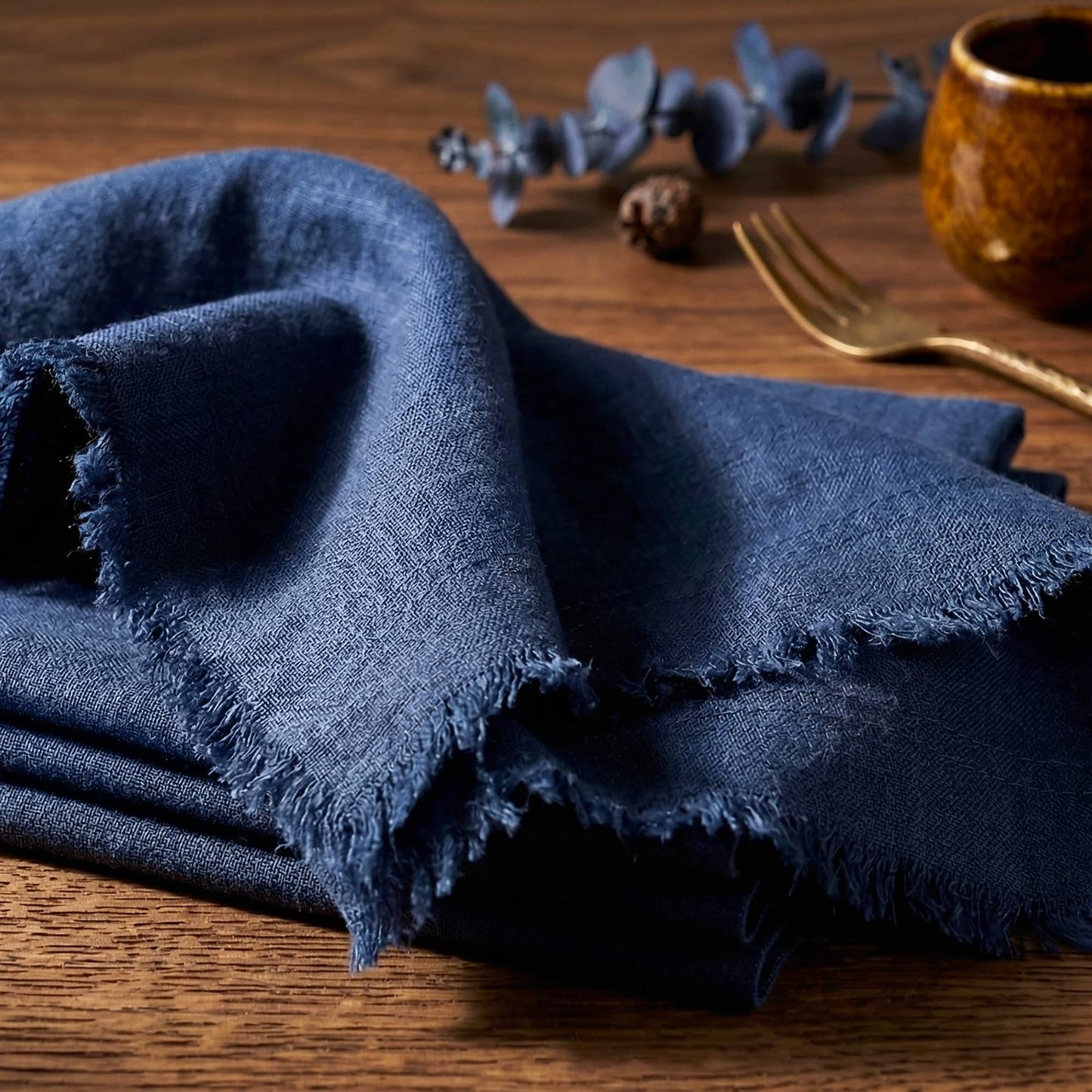 Fringed Raw Edge Pure French Linen Napkins Set of 4 -Navy