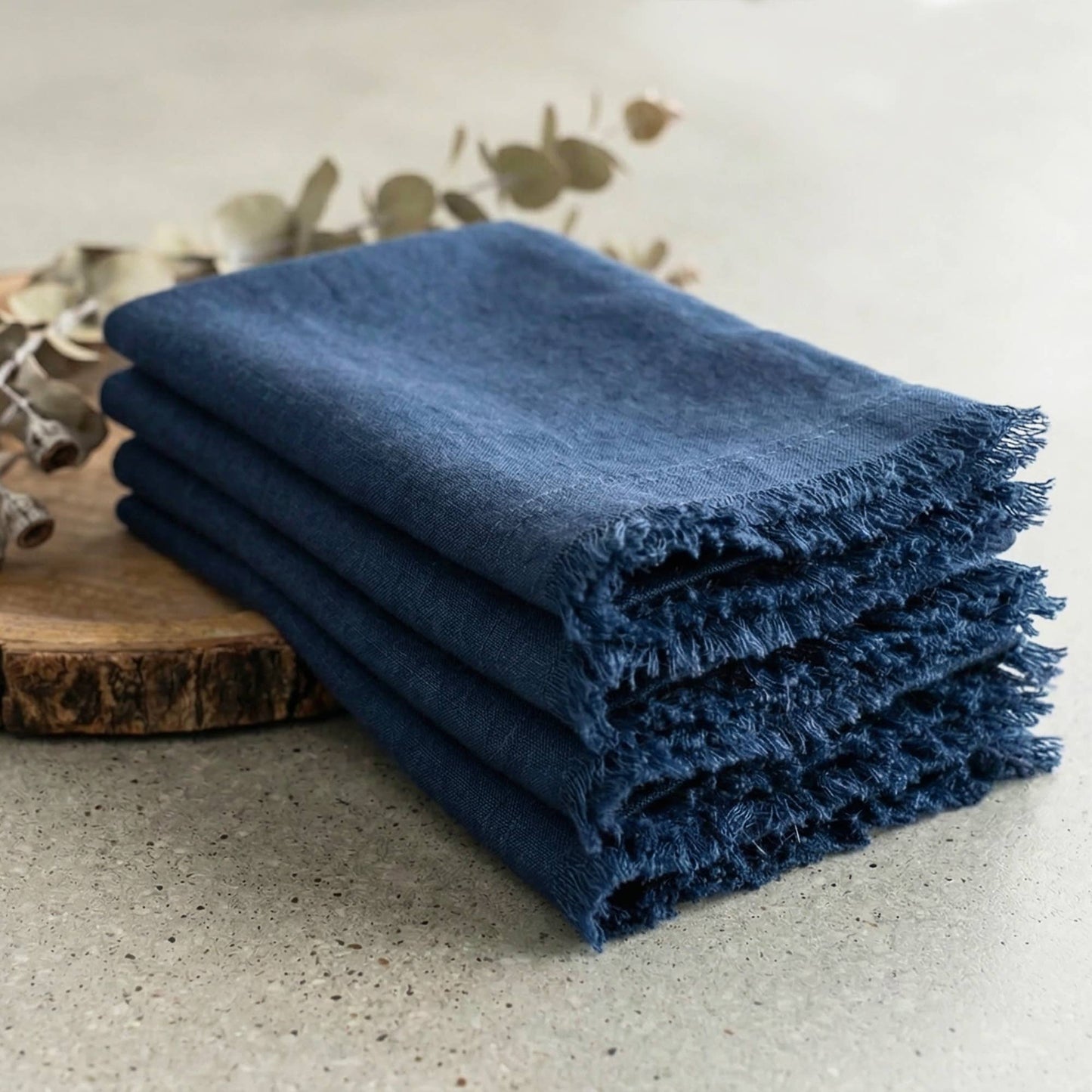 Fringed Raw Edge Pure French Linen Napkins Set of 4 -Navy