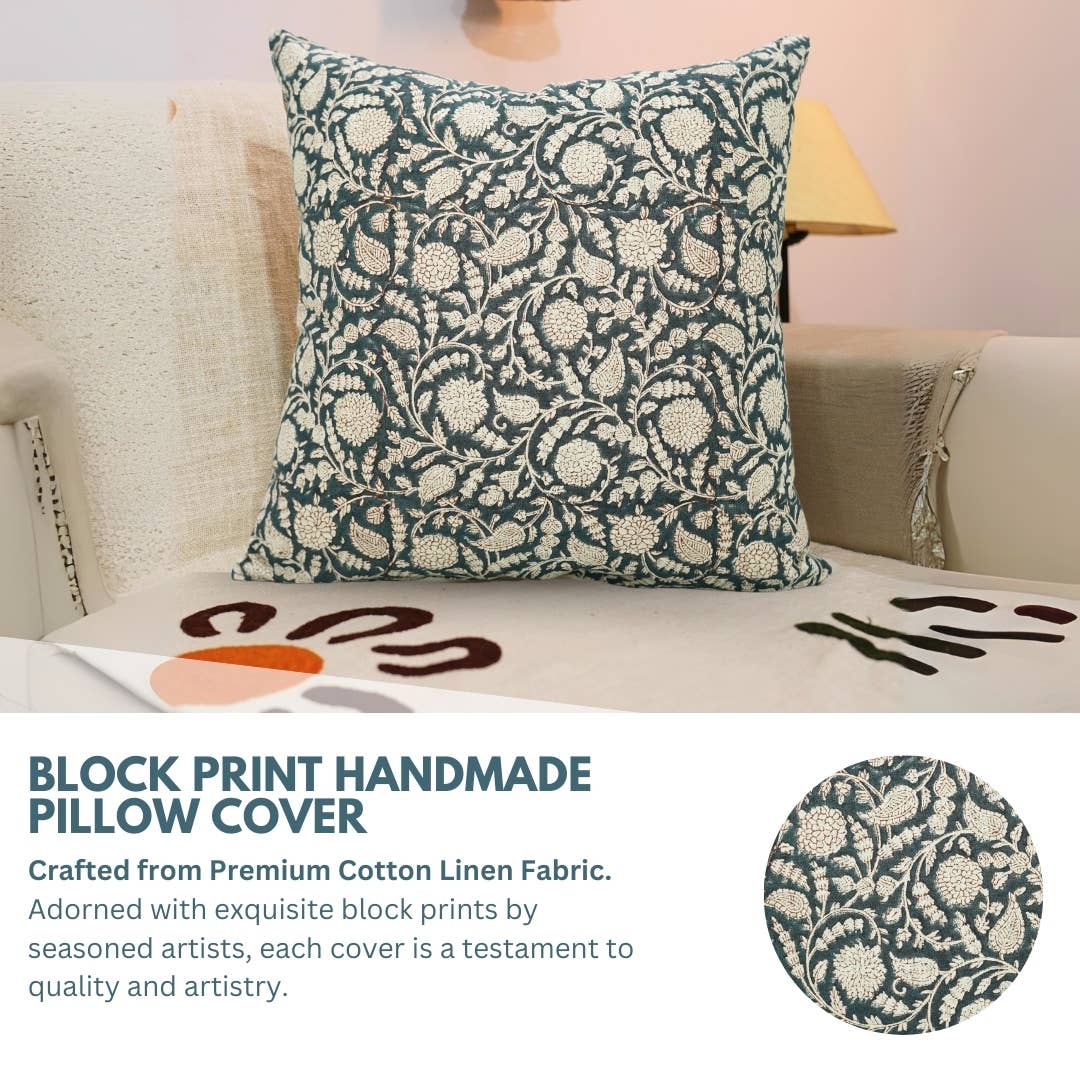 Handcrafted Block Print "Gopi" Cotton Linen Pillow 20x20 Inch