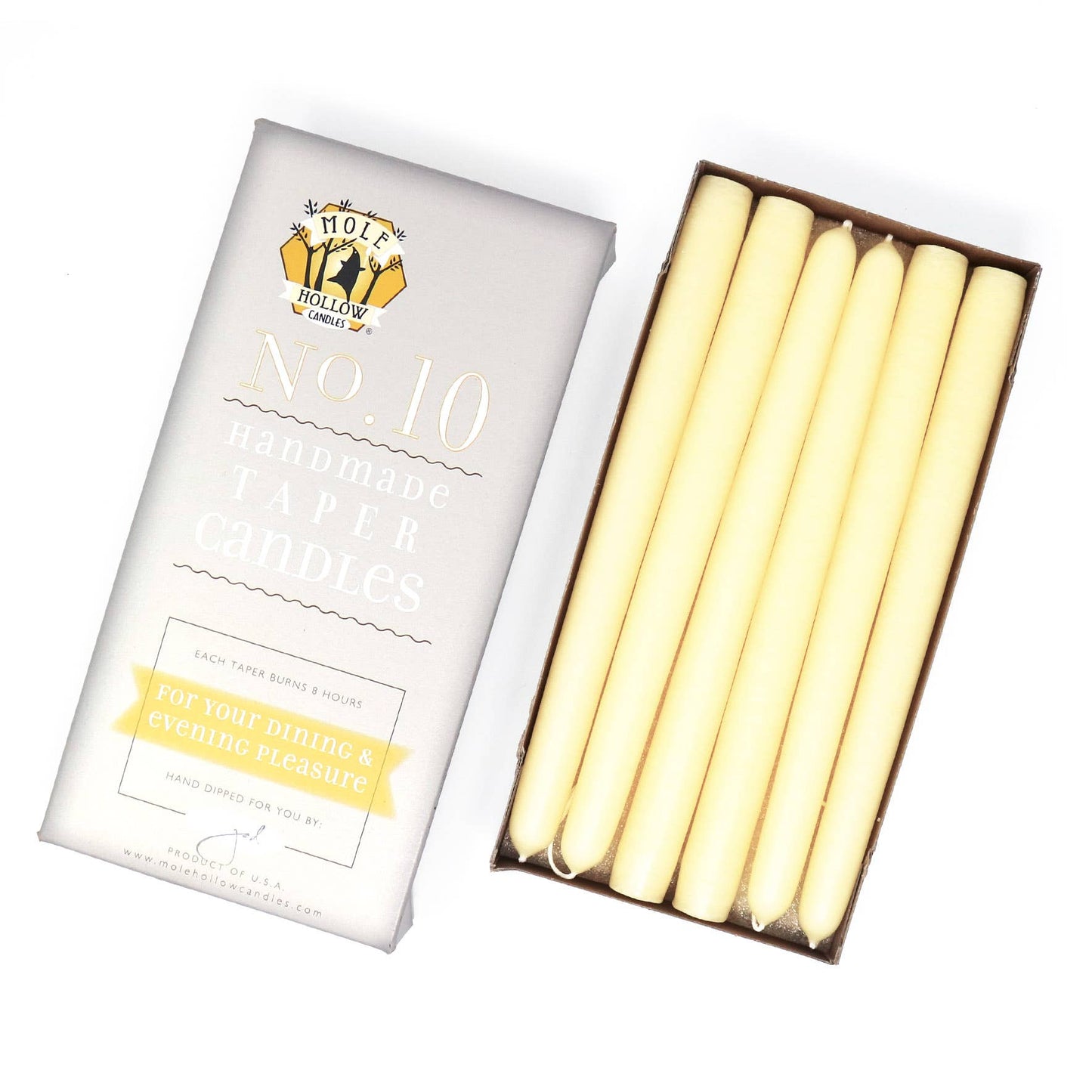 10" Hand Dipped Unscented Taper Candles - 39 Colors USA Made: Off White