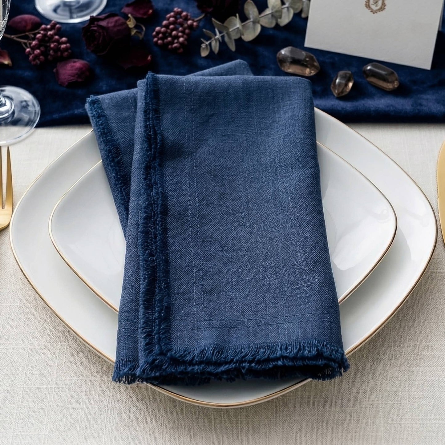 Fringed Raw Edge Pure French Linen Napkins Set of 4 -Navy