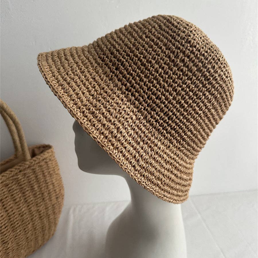 Minimalist Foldable Raffia Straw Bucket Hat 8BK6HAT01: Black