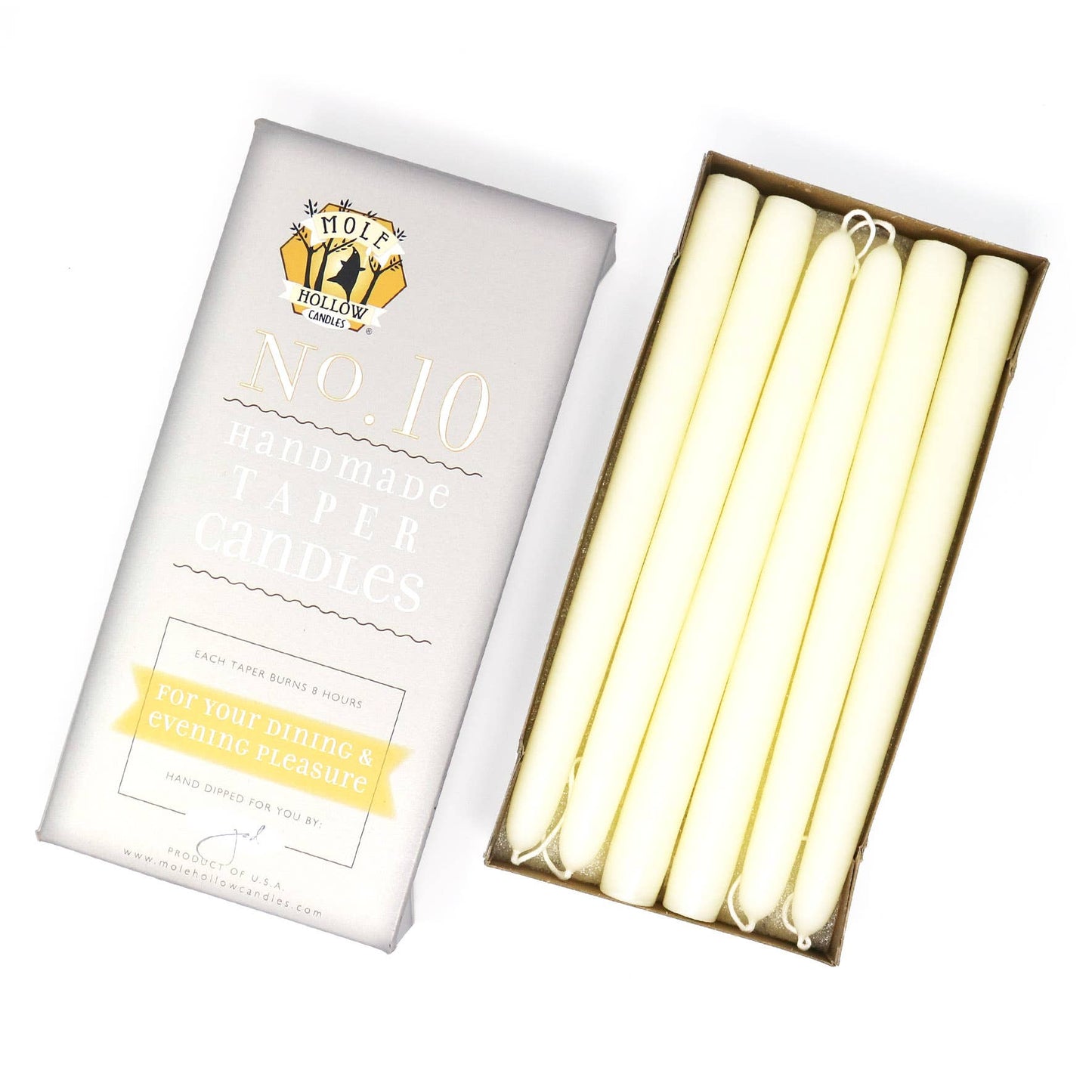 10" Hand Dipped Unscented Taper Candles - 39 Colors USA Made: Off White