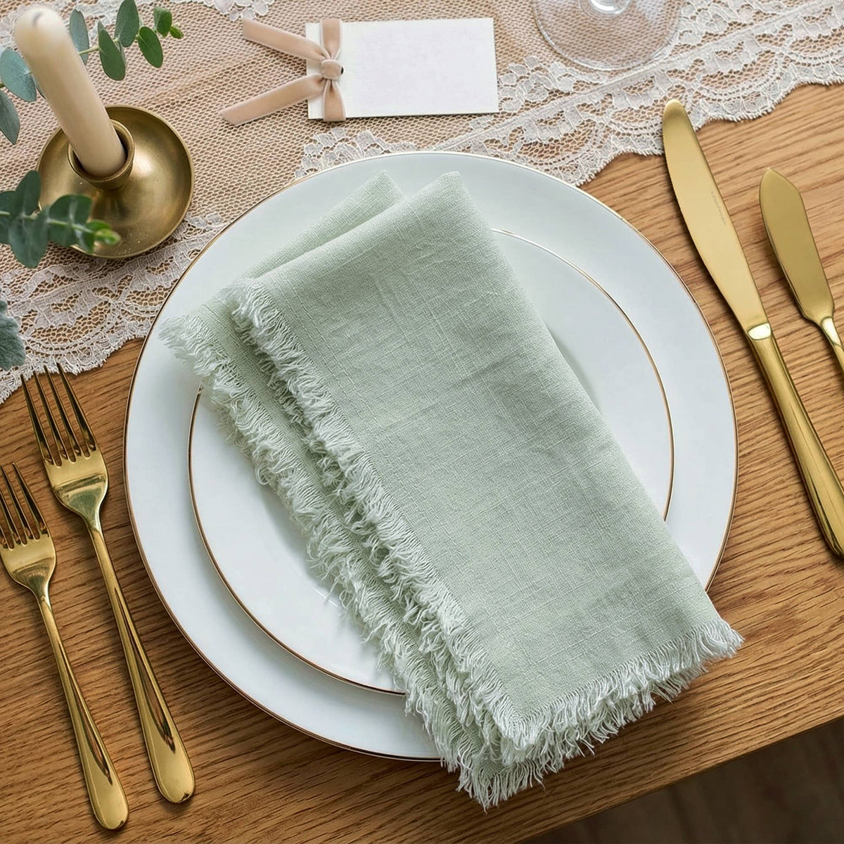 Fringed Raw Edge Pure French Linen Napkins Set of 4 -Sage