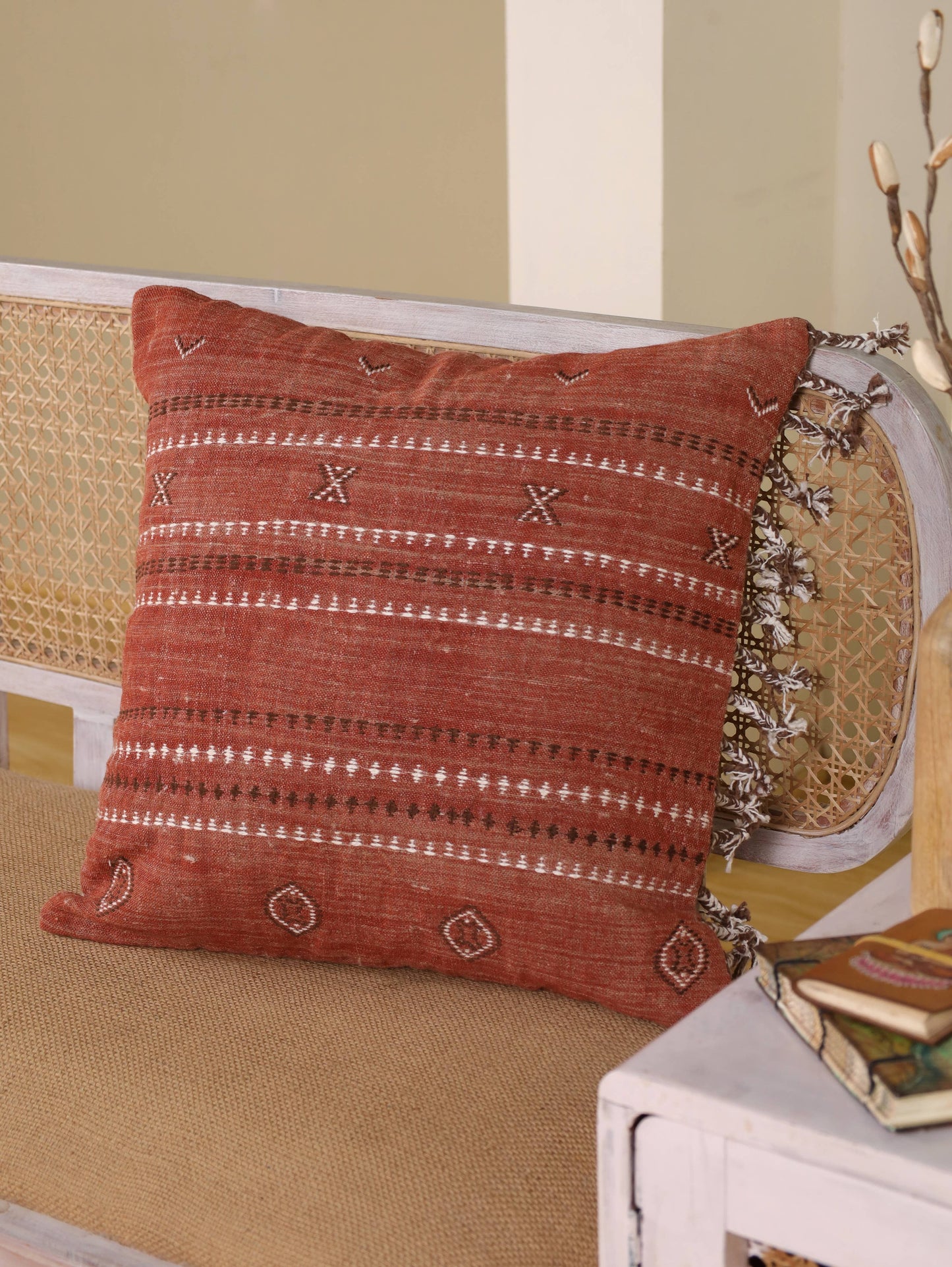 Rust Hand Embroidered Bhujodi Cover | 20” x  20” with feather insert